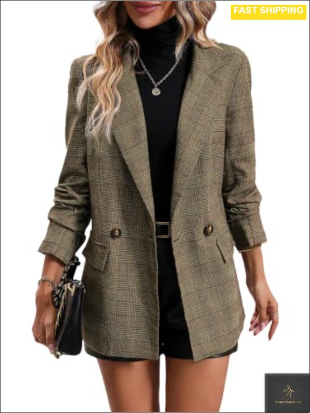 Plaid Double-Breasted Blazer Notch Lapel Business Casual